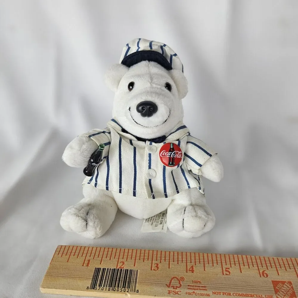 RARE Vintage 1998 Coca Cola Polar Bear in Striped Delivery Suit W/Bottle #1066